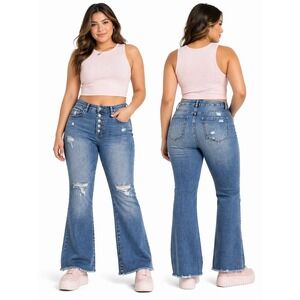 Highway Jeans Womens Distressed Flare Jeans Button Fly Raw Hem Blue 13 9055F11MM